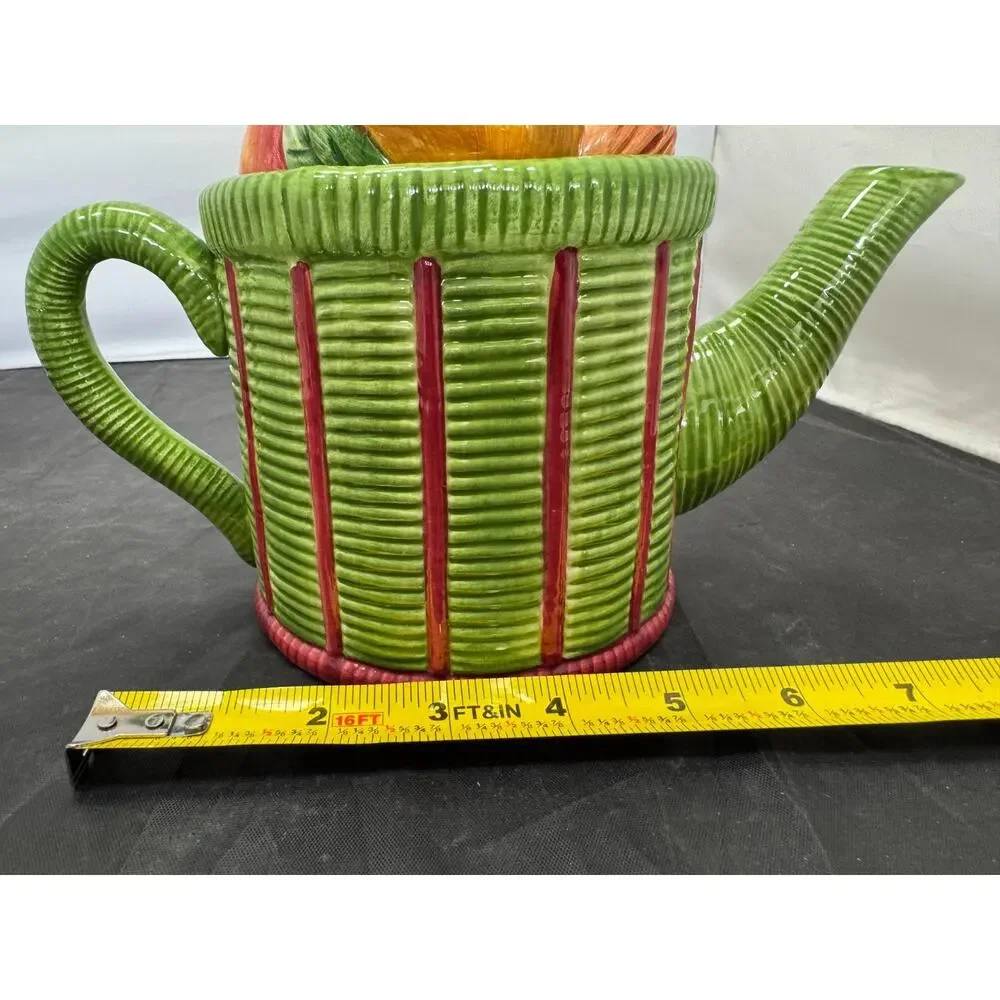 Vintage Cooks Club Ceramic Basket of Fruit Teapot Wicker Basketweave Harvest 6